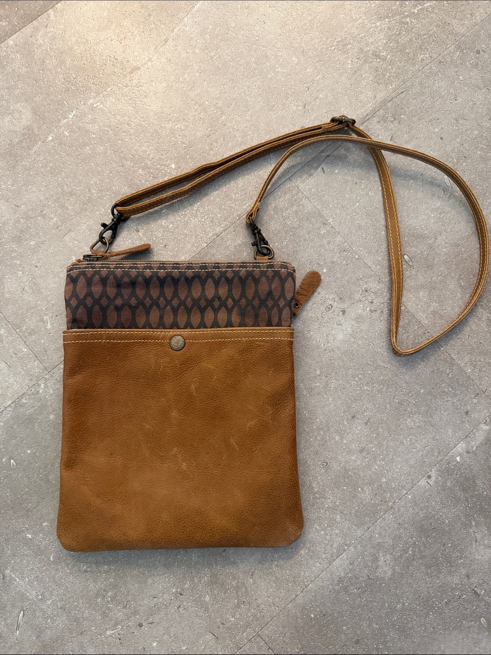 Myra Bag Tan and Dark Brown Leather & Canvas Pattern Crossbody